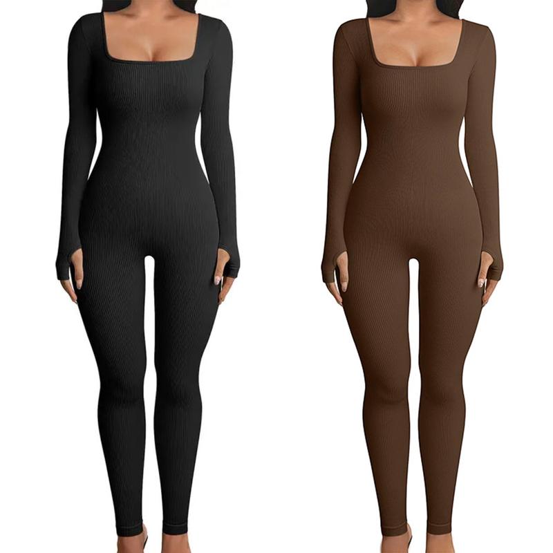 Women Yoga Jumpsuits Workout Ribbed Bodysuit Square Neck Bodycon Long Sleeve Sport Jumpsuit winter sport