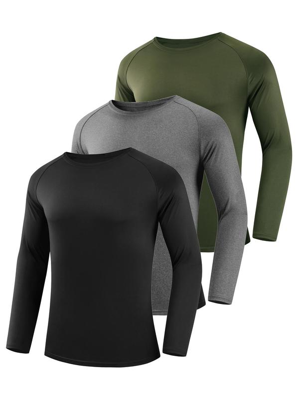 Men's Solid Raglan Sleeve Quick Drying Tee, Casual Comfy Breathable Long Sleeve Round Neck T-shirt for Spring & Fall, Men's Top for Outdoor Activities