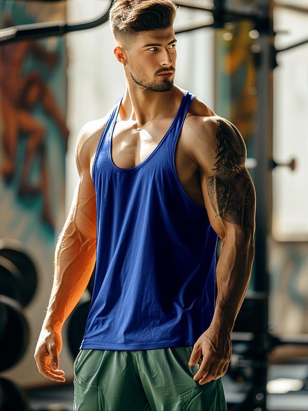 Sporty Men's Colorblock U Neck Sports Vest, Quick Drying Breathable Sleeveless Tank Top for Gym Workout Running, Casual Sportswear for Men