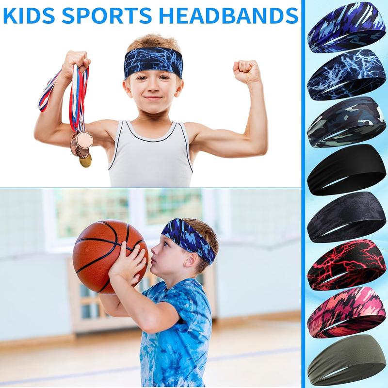 8 Pieces Boys Headbands Athletic Sweatbands Kids Sports Wicking Headbands Breathable Headbands Elastic Sweat Headband Girls Boys for Football Basketball Running Exercise