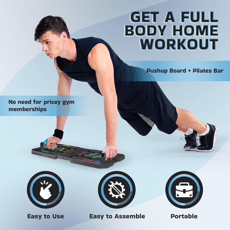 Push Up Board and Pilates Bar Kit - Color Coded Foldable Pushup Board Fitness Tool - Reinforced Aluminum Resistance Band Bar - At Home Gym Accessories for Men and Women - Portable Gym