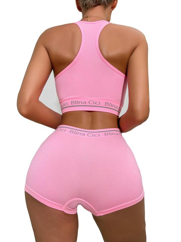 Women's Letter Print Crop Sports Push Up Bra & High Waist Shorts, Lady Comfort 3 Sets Sporty Workout Gym Exercise Clothing Set, Ladies Sportswear & Underwear Set, Summer Wear 2024