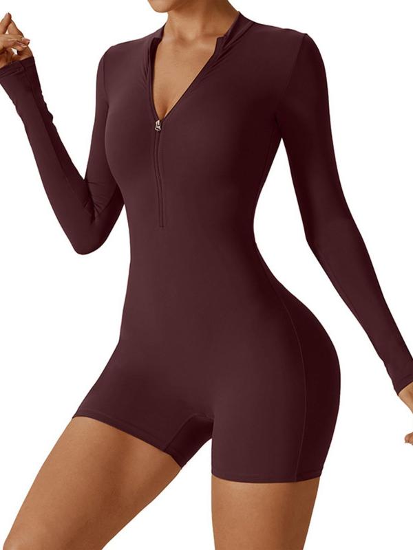 Women's Solid Color Zip Up Round Neck Sports Romper, Long Sleeve Bodycon Jumpsuit for Yoga Gym Workout, Ladies Sportswear for All Seasons