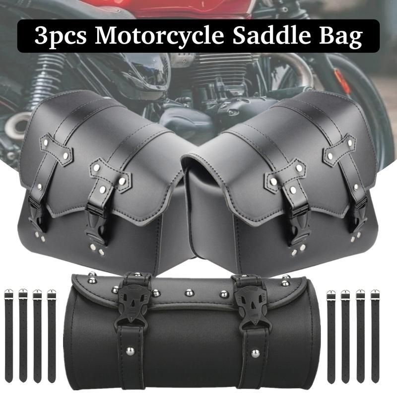 1-3 Pack Motorcycle Motorbike Right & Left Side PU Leather Saddlebags Pannier Tool, Waterproof Saddle Pouch Bag with Mounting Straps Set Black