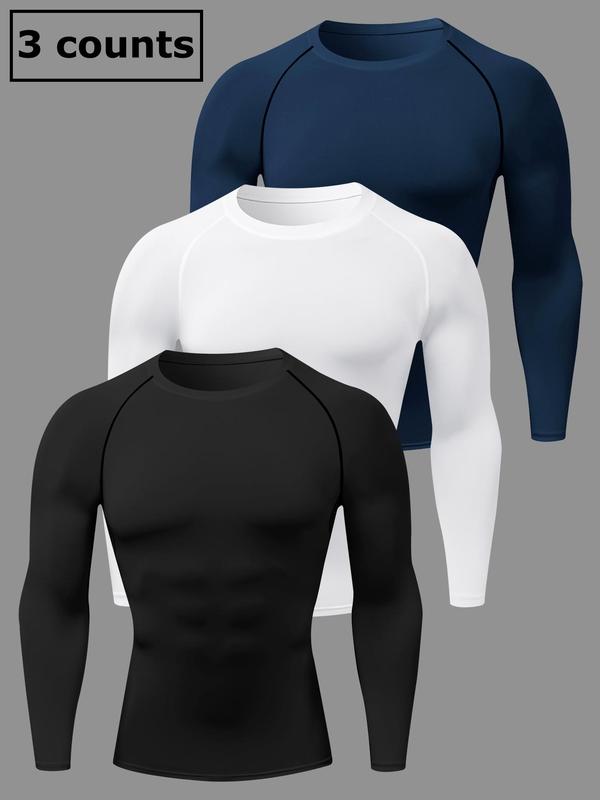 Men's 3pcs Solid Round Neck Raglan Sleeve Sports Tee, Quick Drying Breathable Long Sleeve T-shirt, Crew Neck Tight-fitting Tee Shirts for Men, Compression Shirts, Gym Tops, Fall Sportswear for Indoor Outdoor Wear, 90s Clothes