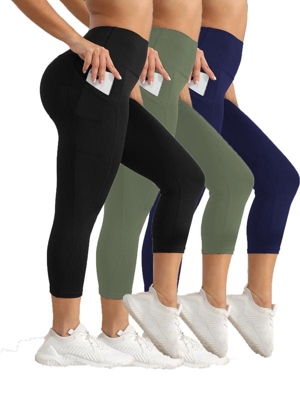 Women's Solid High Waist Sports Leggings, Breathable Comfortable Pocket Skinny Capris Pants, Ladies Sportswear for Indoor Outdoor Wear, Tummy Control