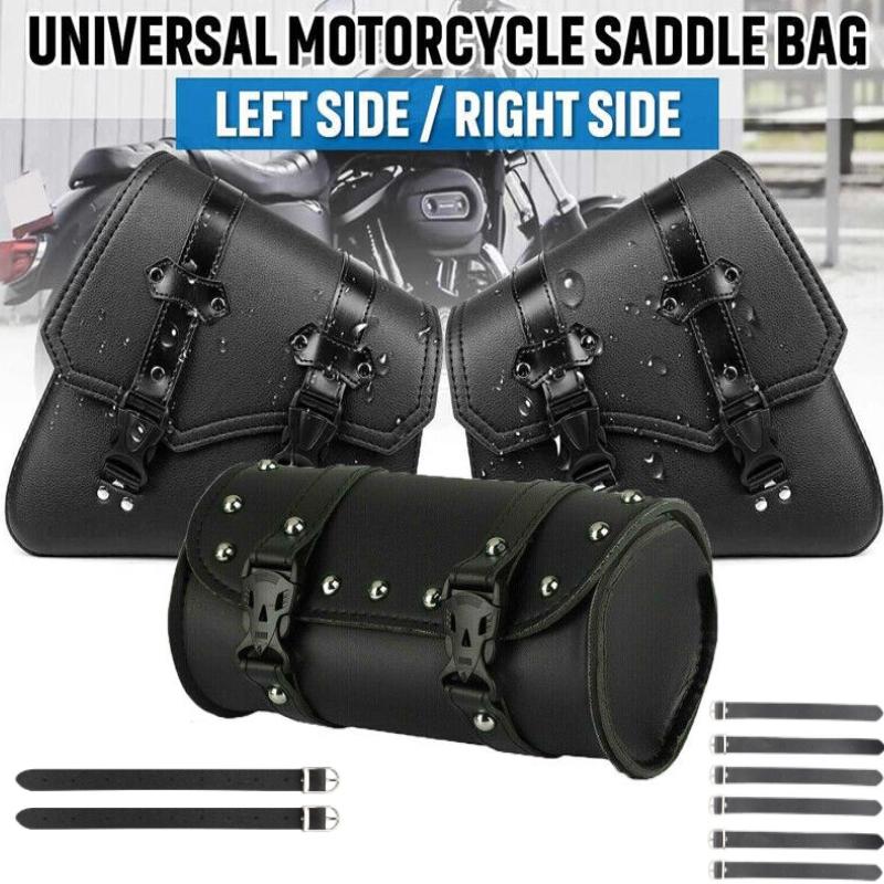 1-3 Pack Motorcycle Motorbike Right & Left Side PU Leather Saddlebags Pannier Tool, Waterproof Saddle Pouch Bag with Mounting Straps Set Black