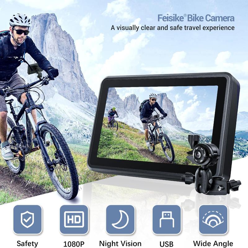 Handlebar Bike Mirror, Bicycle Rear View camera with 4.3'' HD Night Vision Function, 145° Wide Angle View, Adjustable Rotatable Bracket, Compatible with Bicycle, Mountain, Road Bike