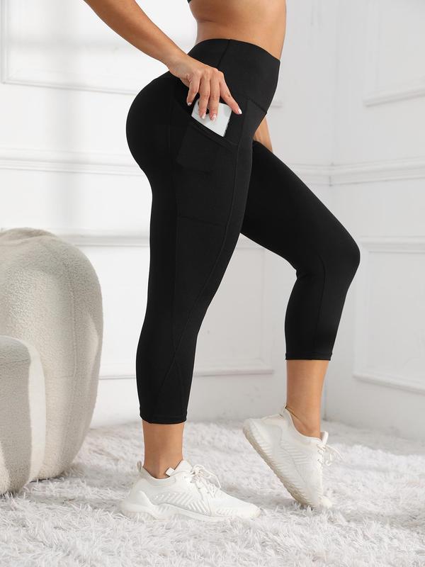 Women's Solid High Waist Sports Leggings, Breathable Comfortable Pocket Skinny Capris Pants, Ladies Sportswear for Indoor Outdoor Wear, Tummy Control