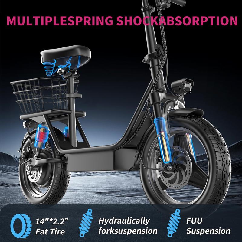 Adult Electric Scooter With Basket 14'' Urban Commuter Multifunctional E-Scooter 500W Motor 36V 13AH Removable Battery Electric Scooter