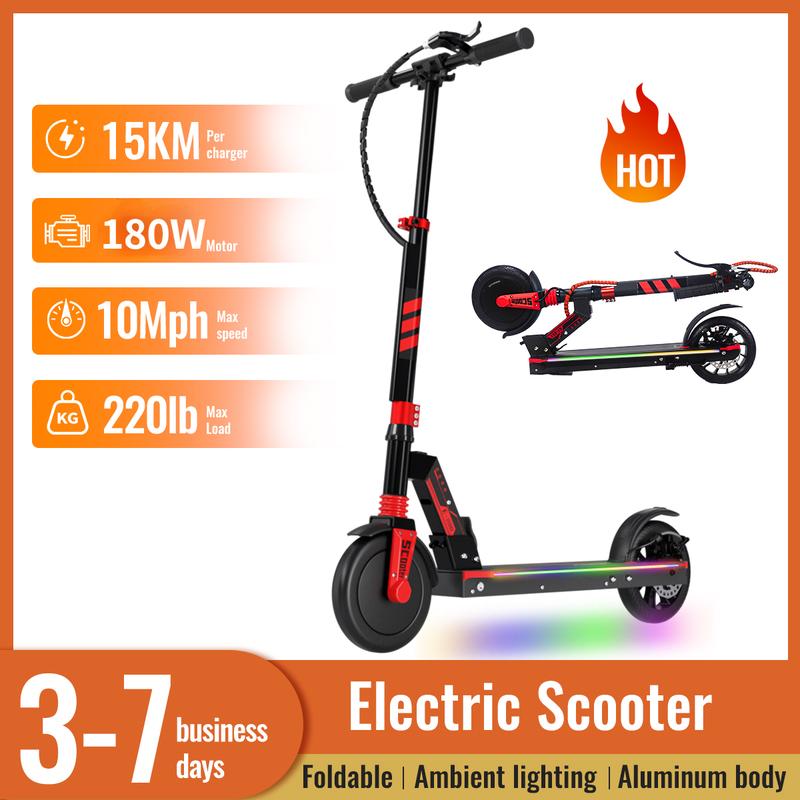 Aolorozo 180W Foldable Electric Scooter: 10-Mile Range, 10 mph Top Speed, Durable 8-Inch Solid Tires, Perfect for Adults and Teens, Featuring Vibrant LED Lights, Lightweight Design – Ideal for City Commutes and Fun Rides