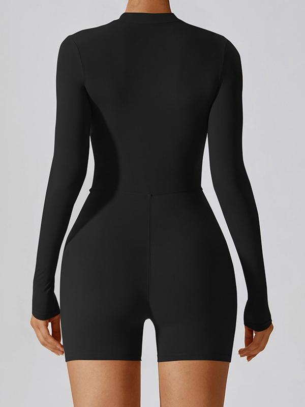 Women's Solid Color Zip Up Round Neck Sports Romper, Long Sleeve Bodycon Jumpsuit for Yoga Gym Workout, Ladies Sportswear for All Seasons