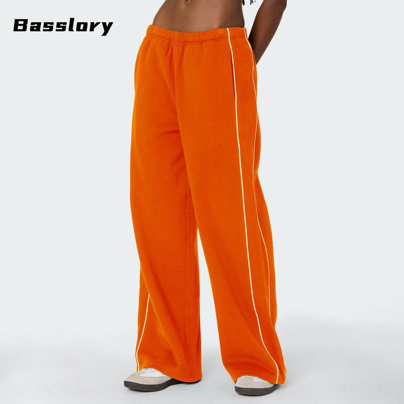 Women's Fall Sweatpants White Trim Elastic Waist Loose Sports Trousers with Pockets