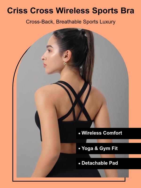 Women's Solid Criss Cross Wireless Sports Bra, Sports Bra for Women, Breathable Comfortable Detachable Chest Pad Sports Bra for Yoga Gym Workout, Ladies Sportswear Clothing for All Seasons Top