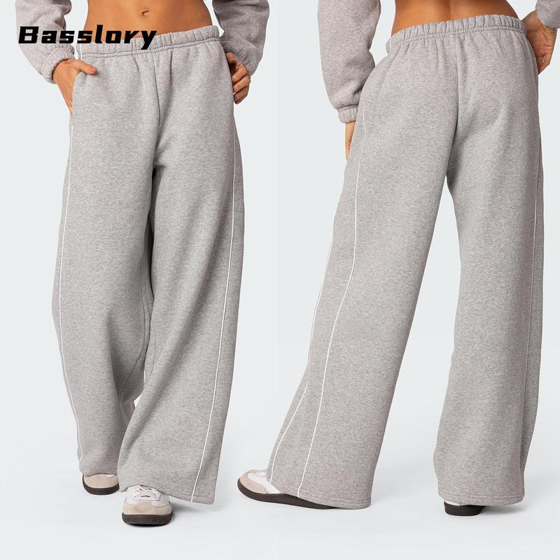 Women's Fall Sweatpants White Trim Elastic Waist Loose Sports Trousers with Pockets