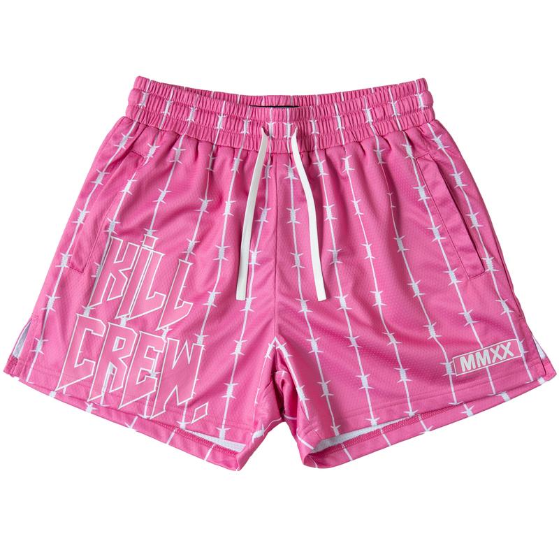 [Kill Crew] Muay Thai Shorts Barbwire - Pink   White, Unisex, Mid Thigh Cut, Pockets, Gym Shorts, Elastic Waistband, Long drawcord with wax tips