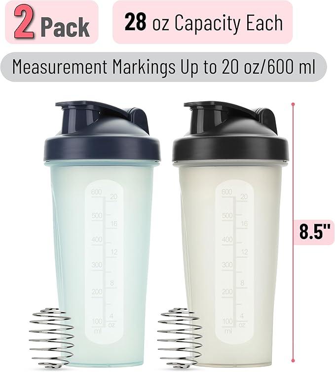 Protein Shaker Bottle Set 28 oz 2 Pack with Wire Whisk Ball, for Smooth Mixing of Protein Shakes - Available in 2 Colors.