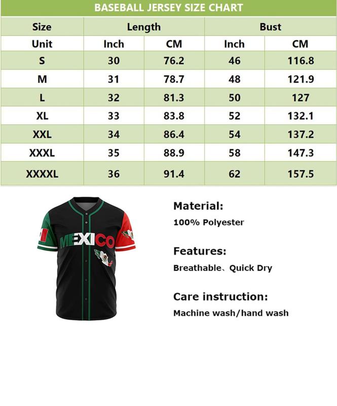 Unisex Adult Mexico Baseball Jersey Breathable Comfortable Quick Dry Water-Resistant Man Woman