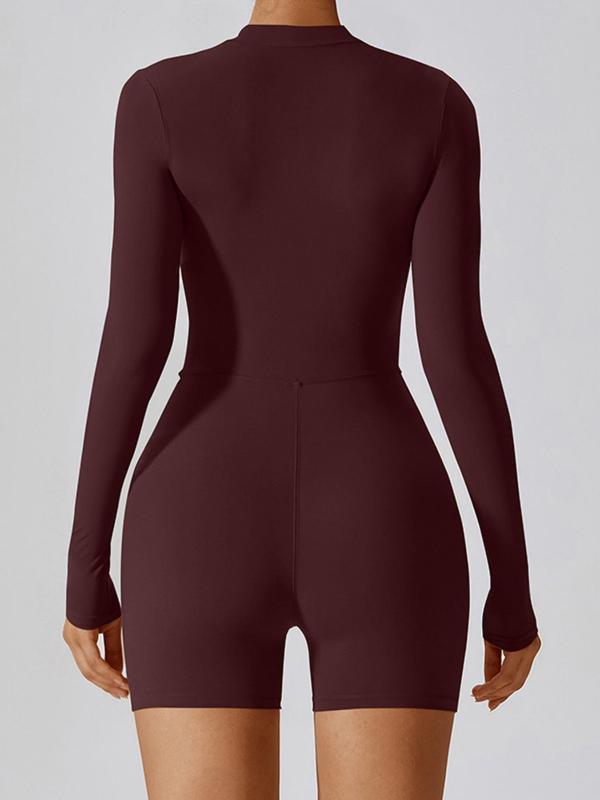 Women's Solid Color Zip Up Round Neck Sports Romper, Long Sleeve Bodycon Jumpsuit for Yoga Gym Workout, Ladies Sportswear for All Seasons