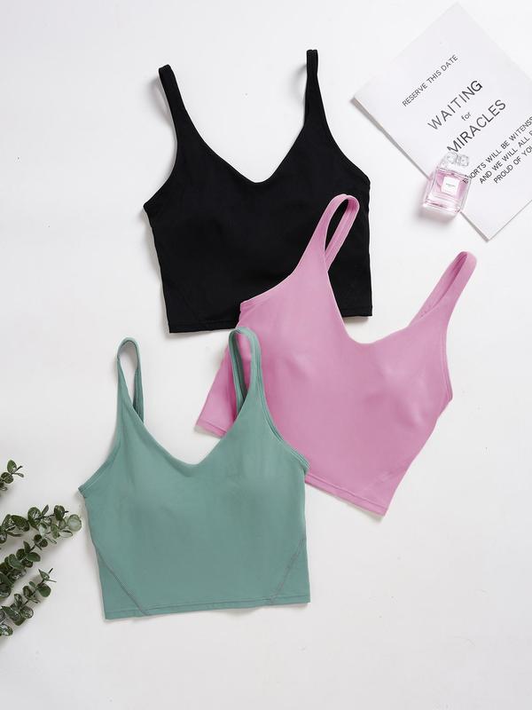 Solid Color V Neck Sports Vest, Summer Breathable Comfortable Sports Bra,  Gym Tops, High Stretch Seamless Yoga Crop Top, Sportswear Clothing for Indoor Outdoor Wear