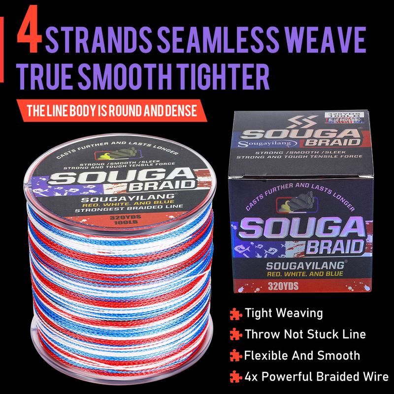 Sougayilang Multicolor 4-Strand Braided PE Fishing Line, 320yds 292m - Smooth & Durable with 10-100lb Pulling Power