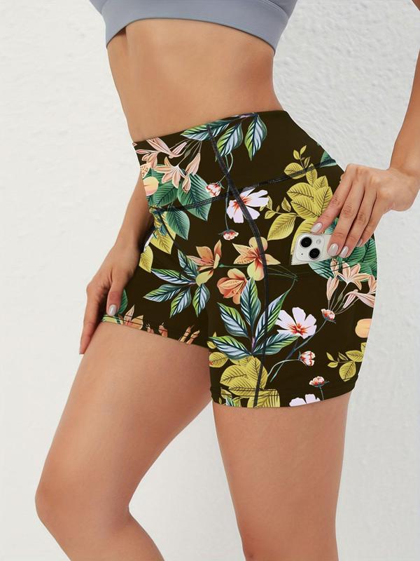 Sporty Women's Floral & Leaf Print Pocket High Waist Sports Skinny Gym Shorts, Casual Comfy Breathable High Stretch Seamless Short Leggings for Yoga Gym Workout Running, Ladies Sportswear