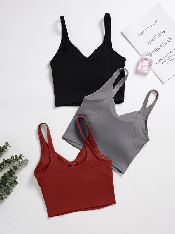 Solid Color V Neck Sports Vest, Summer Breathable Comfortable Sports Bra,  Gym Tops, High Stretch Seamless Yoga Crop Top, Sportswear Clothing for Indoor Outdoor Wear