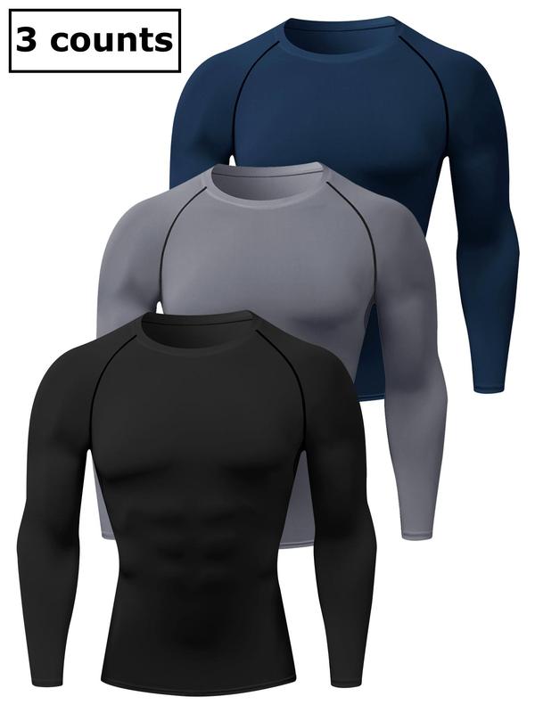 Men's 3pcs Solid Round Neck Raglan Sleeve Sports Tee, Quick Drying Breathable Long Sleeve T-shirt, Crew Neck Tight-fitting Tee Shirts for Men, Compression Shirts, Gym Tops, Fall Sportswear for Indoor Outdoor Wear, 90s Clothes