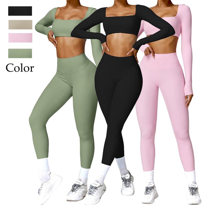 Women 2 Piece Workout Sets Twist Front Long Sleeve Crop Tops High Waist Flared Leggings Gym Sets