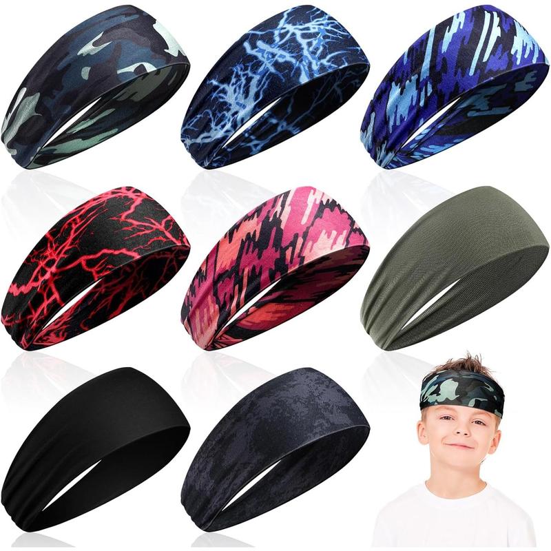 8 Pieces Boys Headbands Athletic Sweatbands Kids Sports Wicking Headbands Breathable Headbands Elastic Sweat Headband Girls Boys for Football Basketball Running Exercise