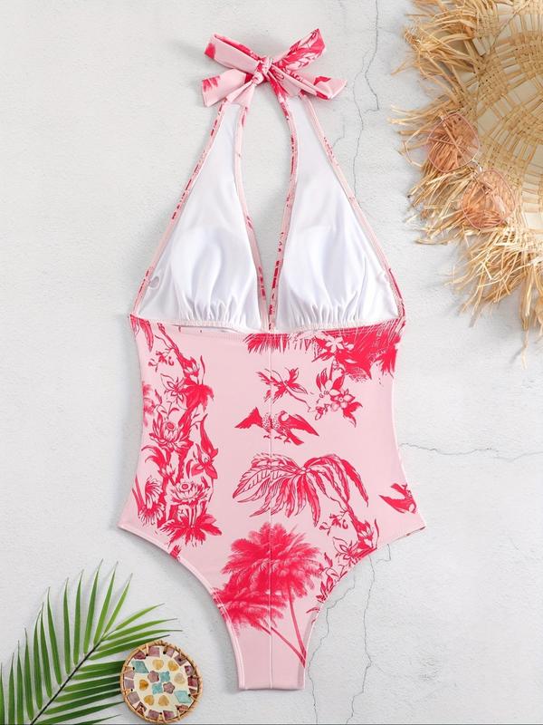 Women's Plant Print Ruched Swimsuit, Summer Clothes Women, Bathing Suits Women, Vintage Backless Sleeveless One-piece Swimwear for Beach Holiday, One Piece Swimsuits 2024, Boho Fashion Ladies Summer Clothes