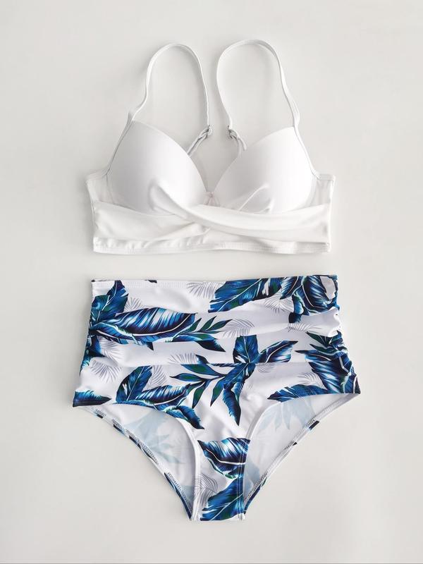 Two-piece Set Women's Leaf Print Bikini Set, Criss Cross Push Up Swim Top & Ruched High Waist Swim Bottom, Ladies Swimsuit for Beach Holiday Vacation