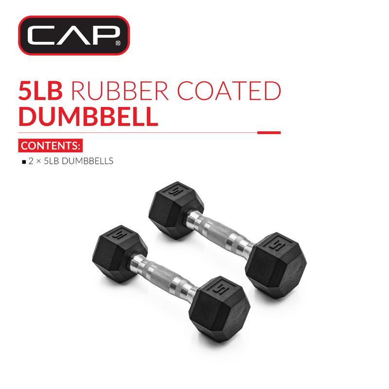 5lb Coated Rubber Hex Dumbbell, Pair