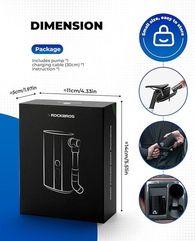 ROCKBROS 150PSI Mini Electric Bike Pump, 32s Fast Inflation, Bike Tire Pump with Digital Gauge, Auto-Shutoff, Compatible with Presta and Schrader Valves
