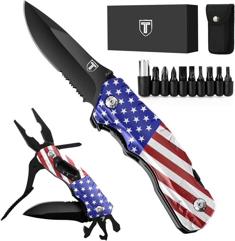 Multitool Pocket Knife American Flag, US Flag Folding Knife, Patriotic Christmas Stocking Stuffers American Gifts for Men Him Dad Husband, Cool Gadgets for Survival Fishing, Camping Accessories