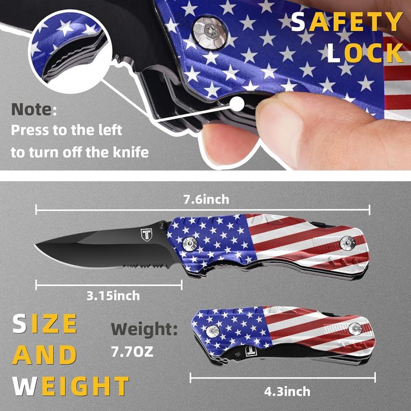 Multitool Pocket Knife American Flag, US Flag Folding Knife, Patriotic Christmas Stocking Stuffers American Gifts for Men Him Dad Husband, Cool Gadgets for Survival Fishing, Camping Accessories