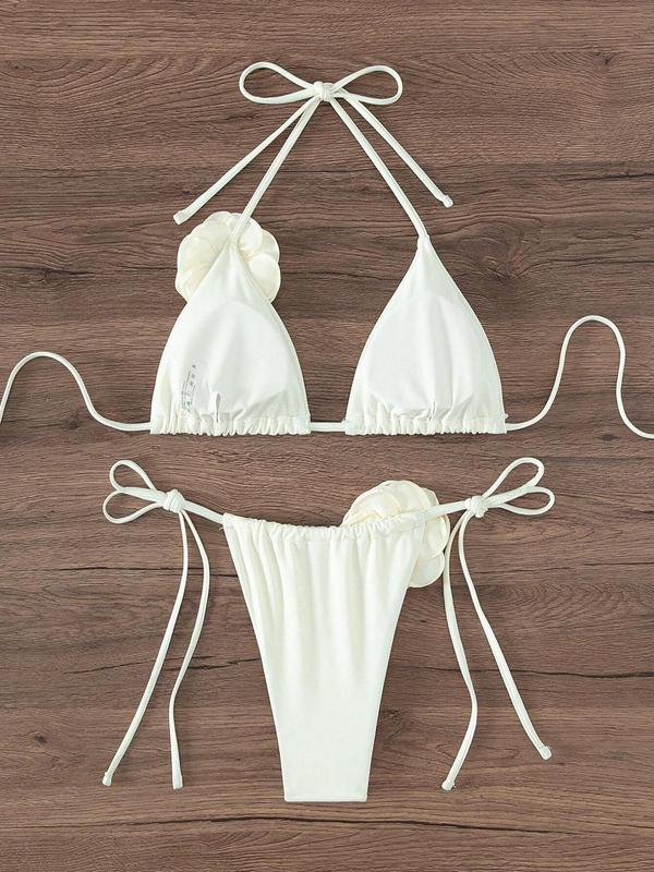 Women's Plain Flower Decor Bikini Set, Chic Halter Triangle Swim Top & Tie Side Swim Thong, Bathing Suits 2024 for Women Summer