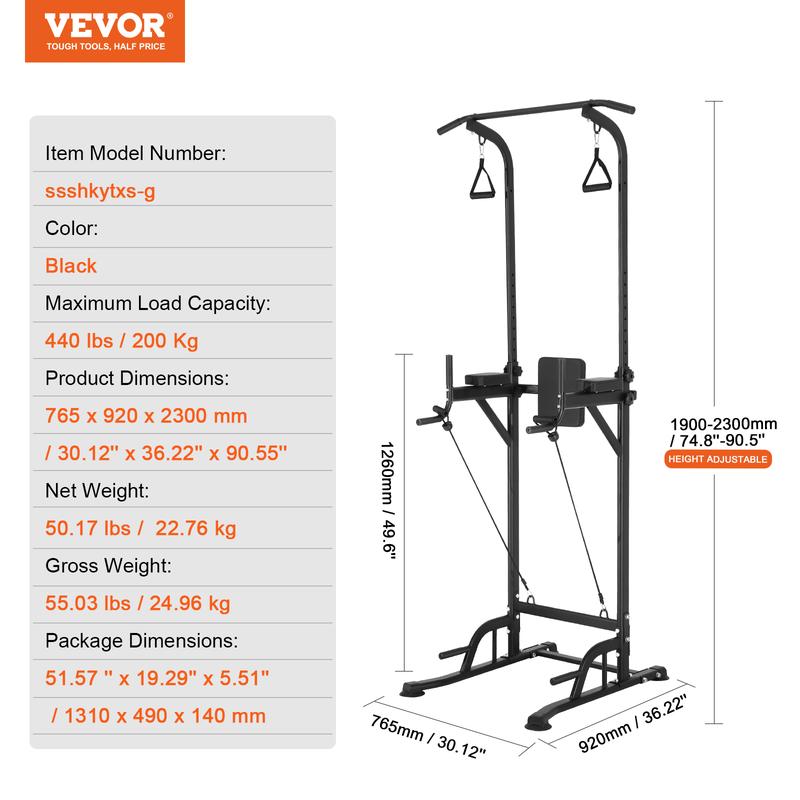 VEVOR Power Tower Dip Station, 10-Level Height Adjustable Pull Up Bar Stand, Multi-Function Home Gym Strength Training Fitness Workout Equipment with 7-Level Adjustable Backrest, PU Elbow Pads, 440LBS