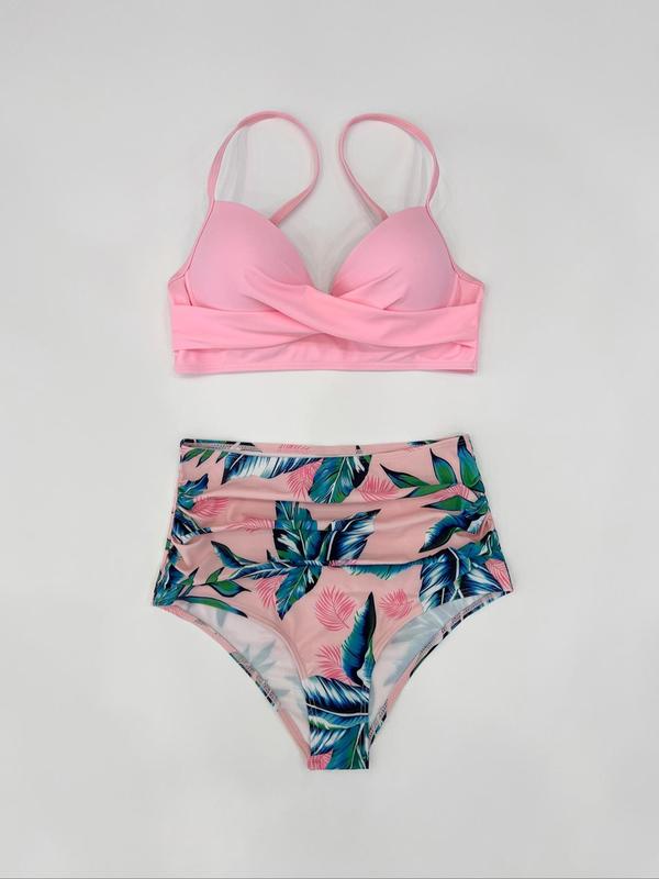 Two-piece Set Women's Leaf Print Bikini Set, Criss Cross Push Up Swim Top & Ruched High Waist Swim Bottom, Ladies Swimsuit for Beach Holiday Vacation