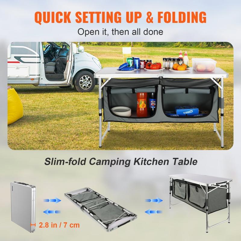 Camping Kitchen Table, Quick set-up Folding Camping Table, 3 Adjustable Heights, MDF Camping Table, Ideal for Outdoor Picnics, BBQs, Camping, RV Traveling