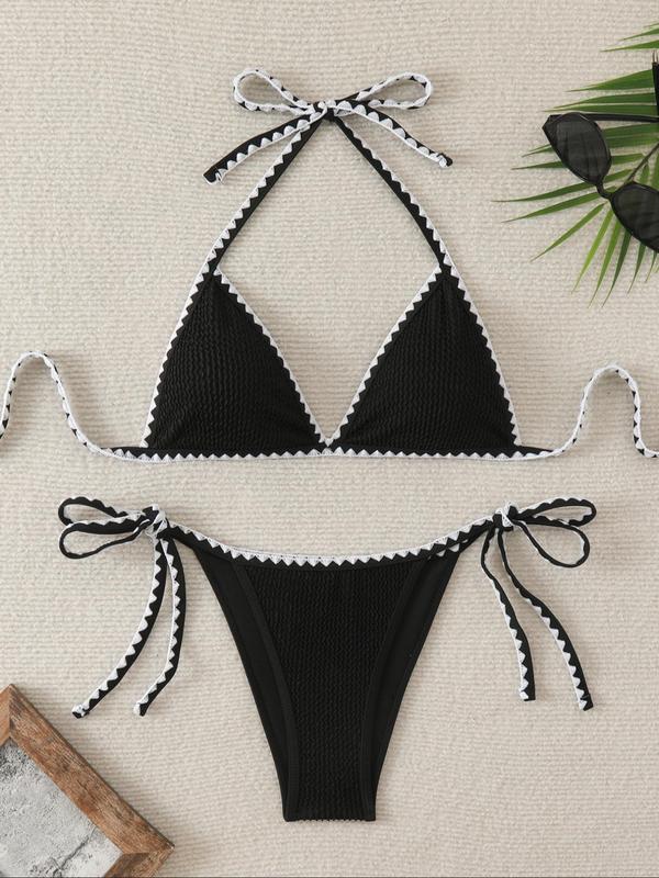 Women's Textured Contrast Binding Bikinis Set, Halter Triangle Swim Bra & Tie Side Swim Panty, Summer Bathing Suit,  Birthday Outfit Back To School Swimsuit for Women, Ladies Summer Swimsuit for Beach Holiday Vacation