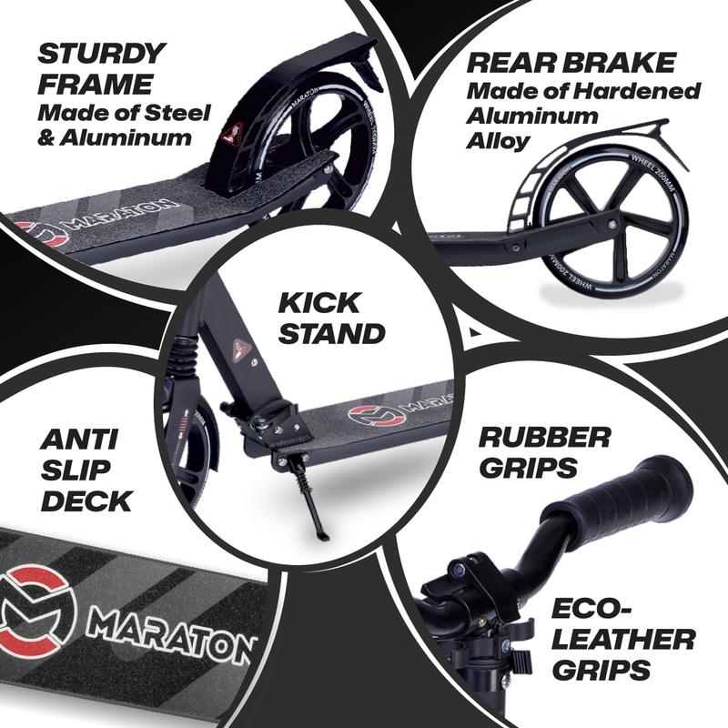 Maraton Kick Scooter Comfort 200, Black | Kick Scooter for Teens | For Teens 8-18 Year Old | 220 lbs, XL Wheels, Lightweight | Durable Folding Scooter For Kids Ages 10-14 | Foldable Scooter for Teenagers. High Quality