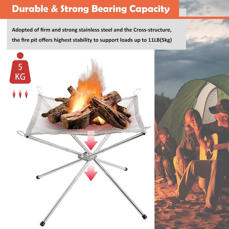 Portable Fire Pit for Camping, Outdoor Folding Firepit Fireplace with Heat Resistant Gloves & Carrying Bag, Stainless Steel Mesh BBQ Fire Bowl for Picnics, Bonfire, Patio, Backyard and Garden