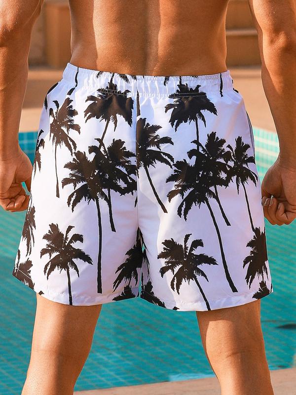 Men Swim Trunks, Men's Coconut Tree Print Drawstring Waist Beach Shorts, Gym Shorts, Casual Quick Drying Pocket Swim Shorts, Men's Swimwear for Summer Beach Holiday