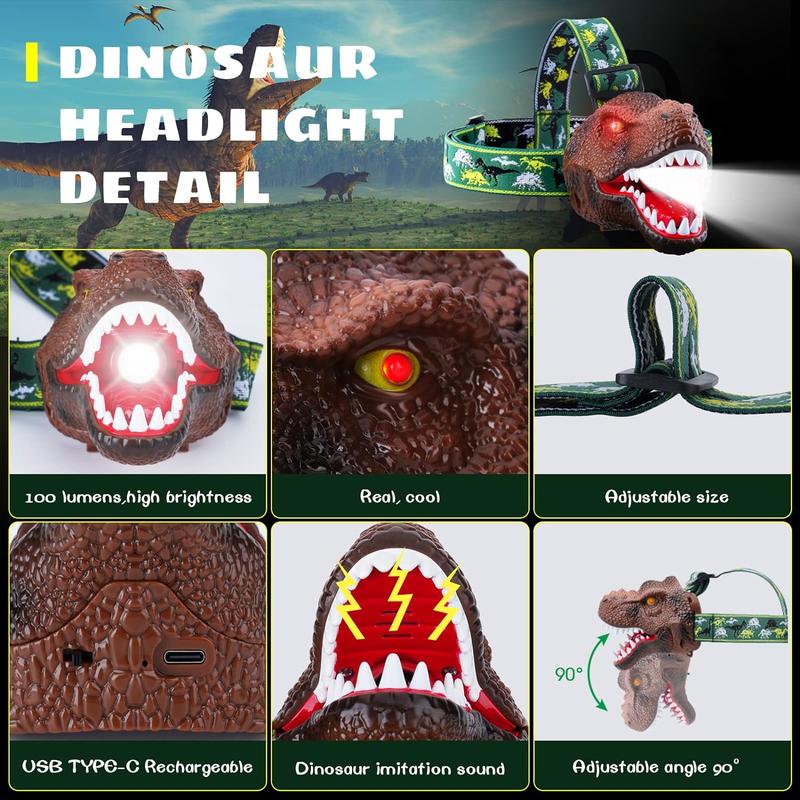 USB Rechargeable Dinosaur Head Design Headlamp, Outdoor Camping Headlight, 90° Rotating Outdoor LED Night Light