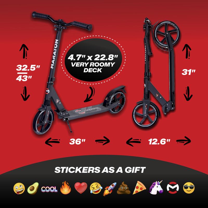 Maraton Kick Scooter Comfort 200, Black | Kick Scooter for Teens | For Teens 8-18 Year Old | 220 lbs, XL Wheels, Lightweight | Durable Folding Scooter For Kids Ages 10-14 | Foldable Scooter for Teenagers. High Quality