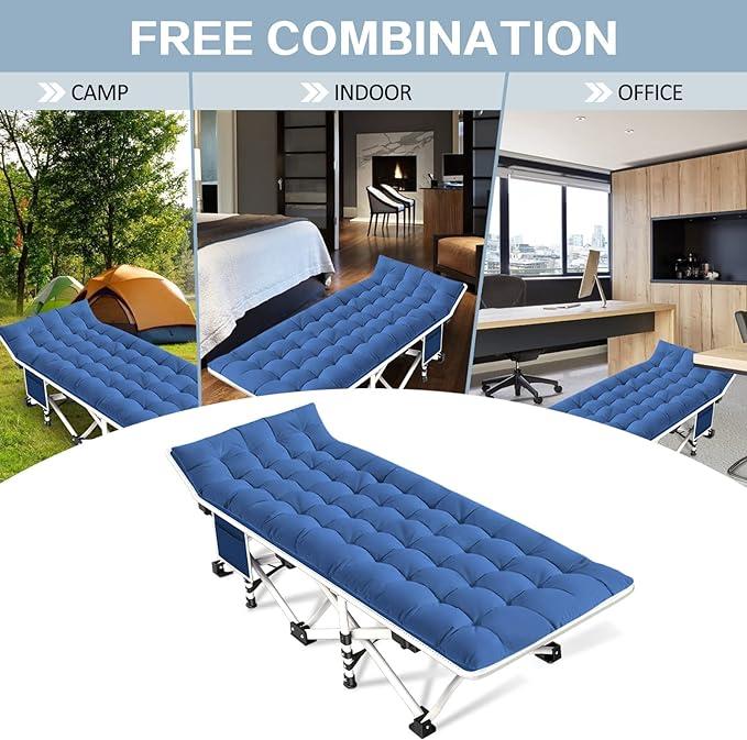 Camping Cot with Comfortable Pad Cots for Sleeping Camping Bed Folding Cot Double Layer Oxford Heavy Duty with Carry Bag for Home Outdoor Travel