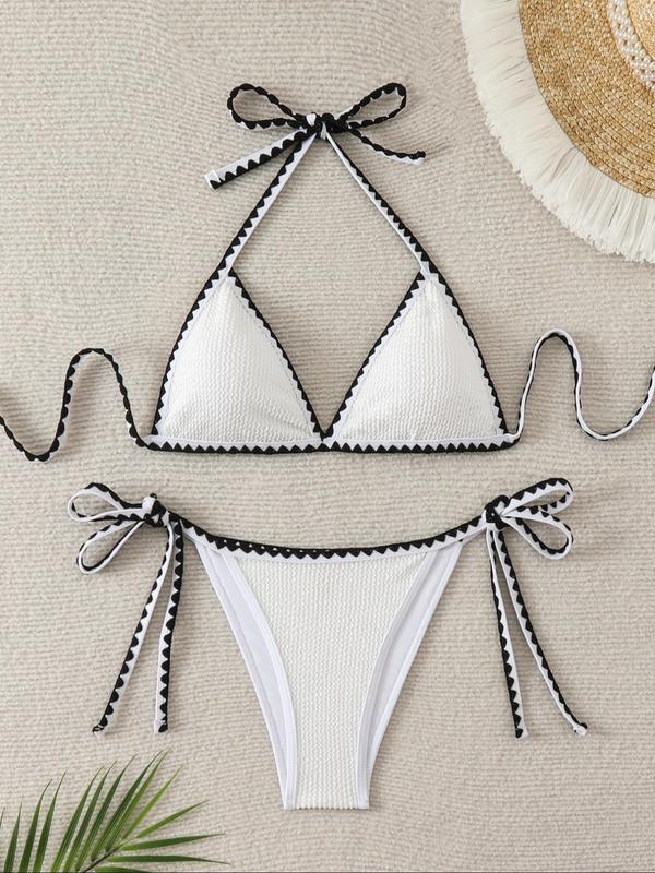 Women's Textured Contrast Binding Bikinis Set, Halter Triangle Swim Bra & Tie Side Swim Panty, Summer Bathing Suit,  Birthday Outfit Back To School Swimsuit for Women, Ladies Summer Swimsuit for Beach Holiday Vacation