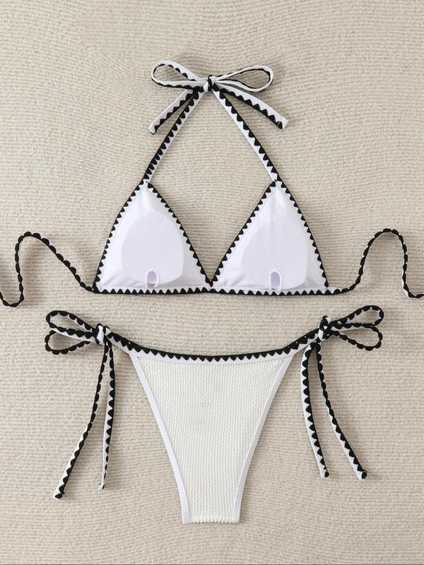 Women's Textured Contrast Binding Bikinis Set, Halter Triangle Swim Bra & Tie Side Swim Panty, Summer Bathing Suit,  Birthday Outfit Back To School Swimsuit for Women, Ladies Summer Swimsuit for Beach Holiday Vacation