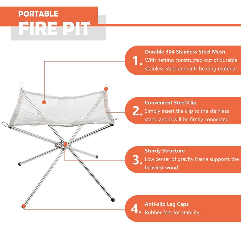 Portable Fire Pit for Camping, Outdoor Folding Firepit Fireplace with Heat Resistant Gloves & Carrying Bag, Stainless Steel Mesh BBQ Fire Bowl for Picnics, Bonfire, Patio, Backyard and Garden